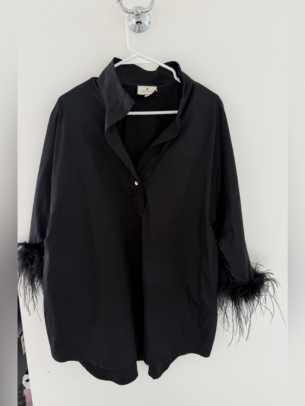 Tuckernuck Willow Blouse Black Feather Trim Statement Top Women’s XL